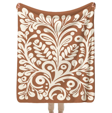 Vintage Boho Brown and Beige Floral Blanket, Medieval Mexican Talavera Tile Art Nouveau Throw Blanket for Bed Couch