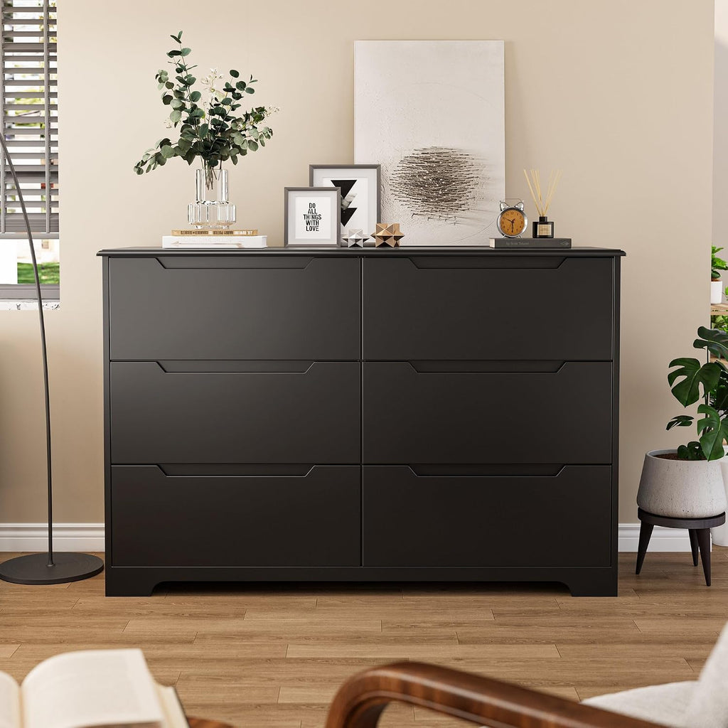 6 Drawer Double Dresser with Anti-Tip Design, Black | Modern Wide Wooden Chest of Drawers with Cut-Out Handles
