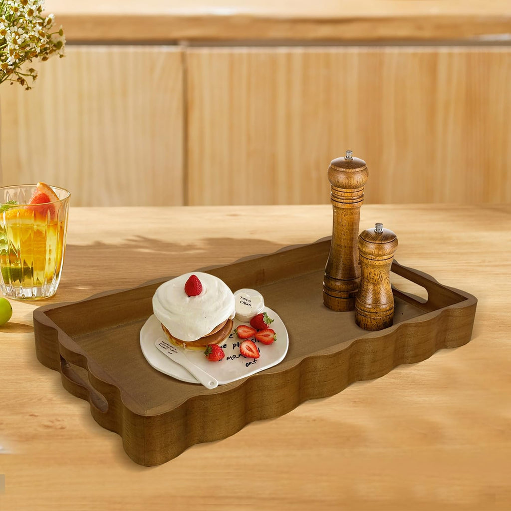 Pine Wood Decorative Tray with Handle Rectangular Wooden Serving Tray for Breakfast in Bed,Coffee Table,Dining
