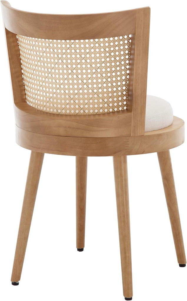 Modern Farmhouse Rattan Dining Chairs Set of 4, Natural Wood Kitchen Chairs with Beige Linen Upholstery and Cane Back for Dining Room