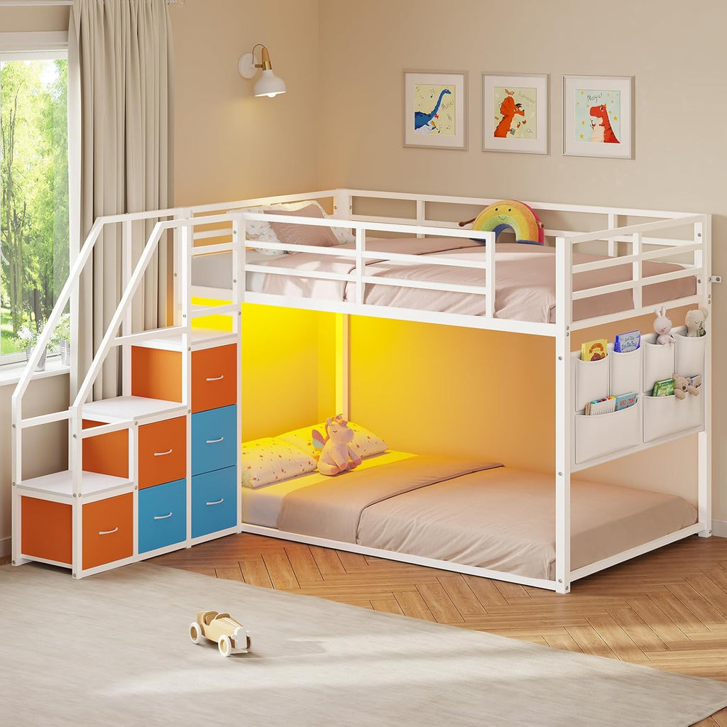 Low Bunk Bed Twin Over Twin with 6 Storage Drawers and 6-Pocket Organizer, Reversible Storage Staircase(Left or Right)