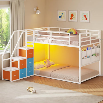 Low Bunk Bed Twin Over Twin with 6 Storage Drawers and 6-Pocket Organizer, Reversible Storage Staircase(Left or Right)