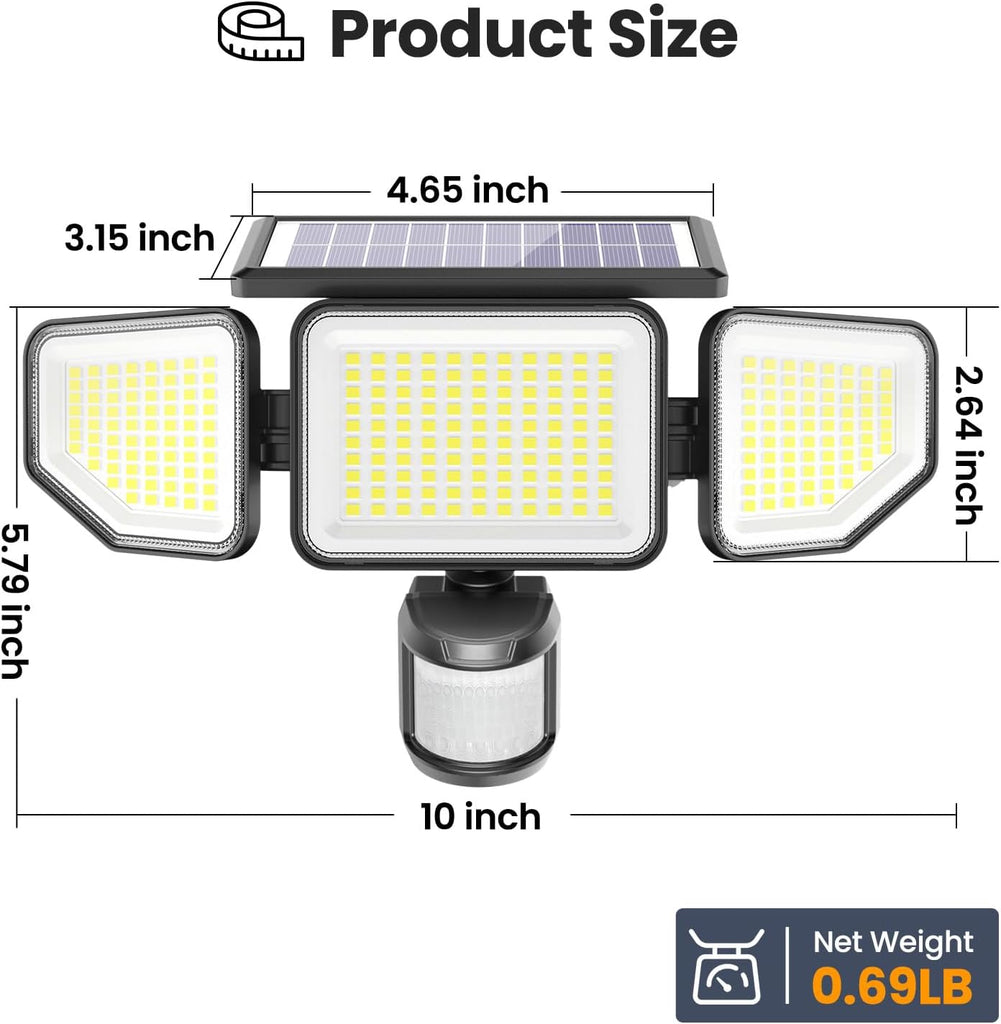 4500LM Solar Lights Outdoor, 3 Heads Security Lights with Remote Control, IP65 Waterproof Motion Sensor Lights, 3