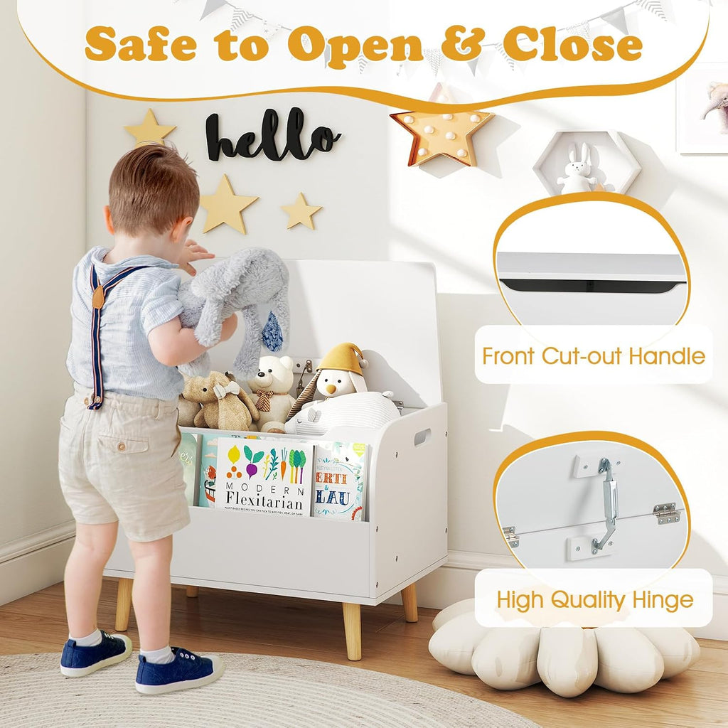 Kids Wooden Toy Box w/Front Bookshelf, Toy Storage Organizer w/ 4 Solid Wood Legs, Flip-top Lid, Safety Hinge &
