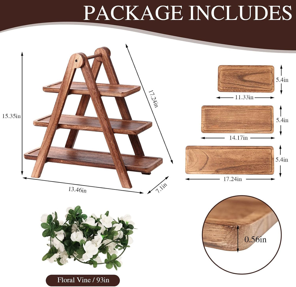 Brown Wood 3 Tier Foldable Serving Tray for Cupcake Dessert Stand,Rectangular Farmhouse Stand Charcuterie Board
