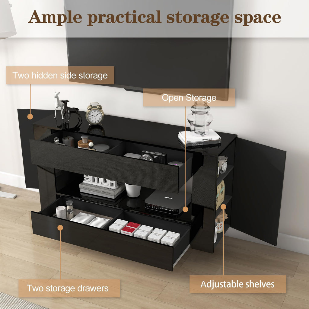 55" with 2 Drawers & Hidden Storage Cabinets, High Gloss Black