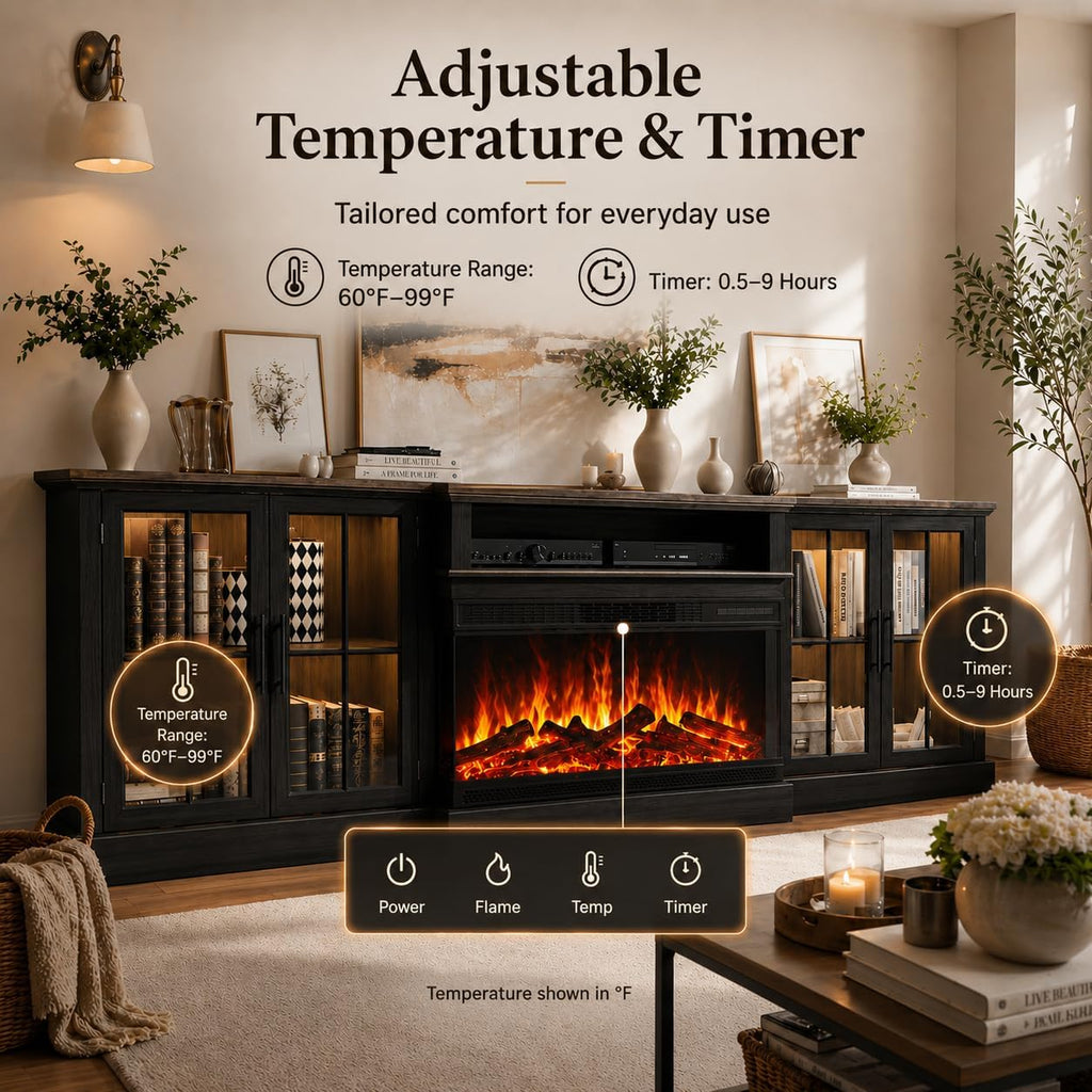 Black 98" Farmhouse TV Stand with 36" Fireplace for Living Room,Media Entertainment Center with Adjustable Shelves