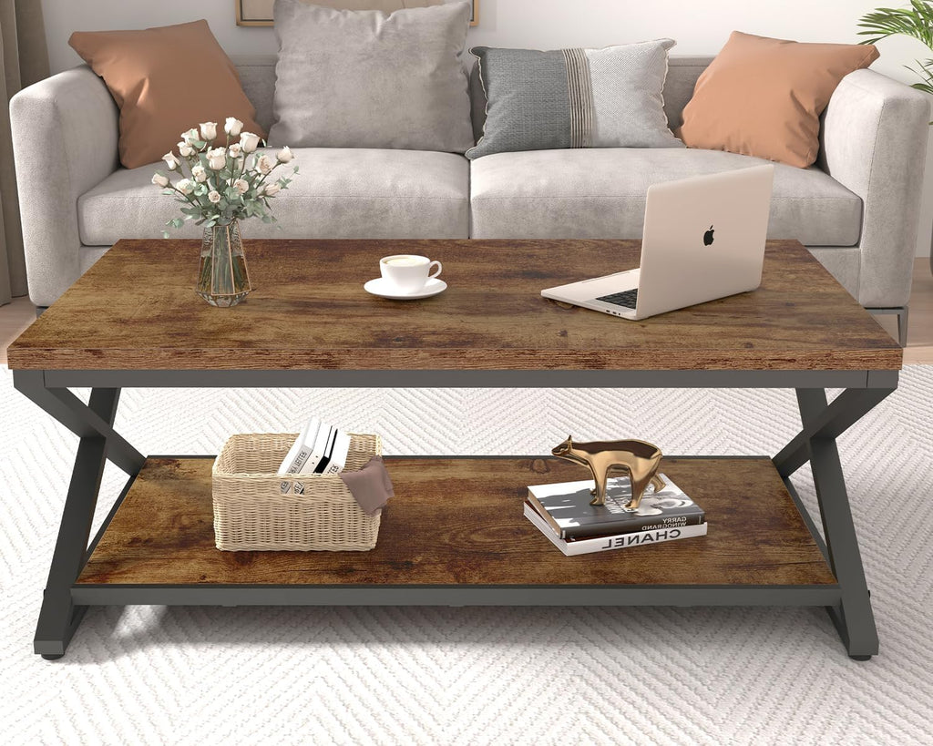 Wood Coffee Table with Storage, Farmhouse Rustic Brown Coffee Table, Modern Minimalist 2 Tier Center Table