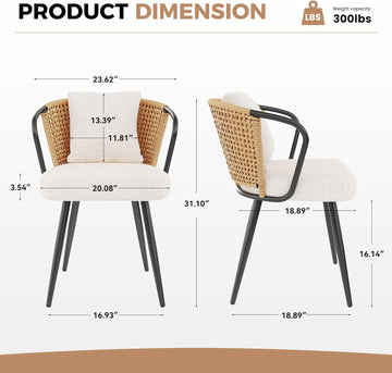 Rattan Dining Chairs Set of 4, Modern Upholstered Kitchen Chair with Metal Legs, Ergonomic Curved Backrest, Mid
