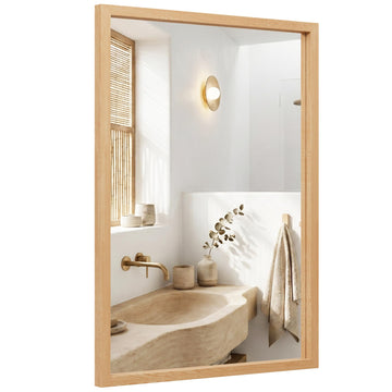24"x36" Natural Wood Tone Wall Mirror for Over Sink, Lightweight Boho Bathroom Vanity Mirror, Scandi Faux Wood