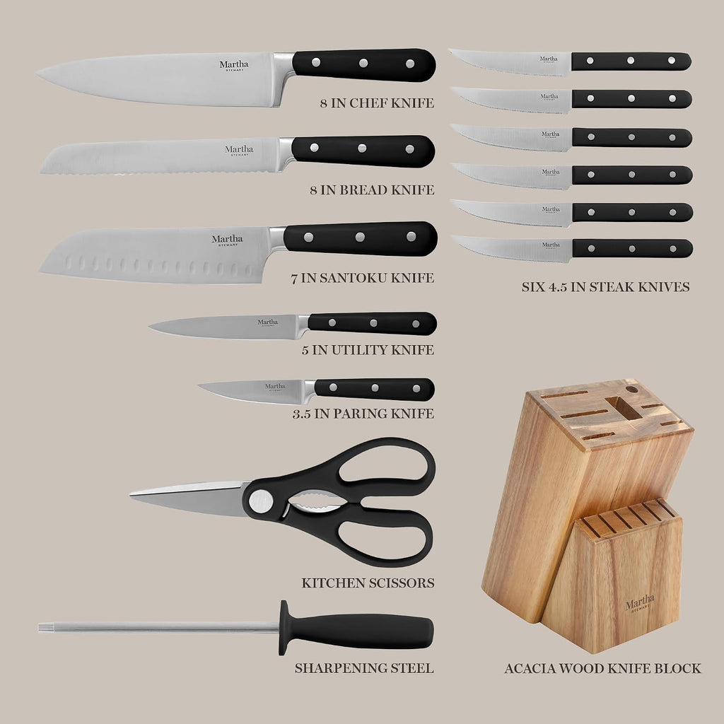 Eastwalk 14 Piece High Carbon Stainless Steel Cutlery Knife Block Set w/ABS Triple Riveted Forged Handle Acacia Wood