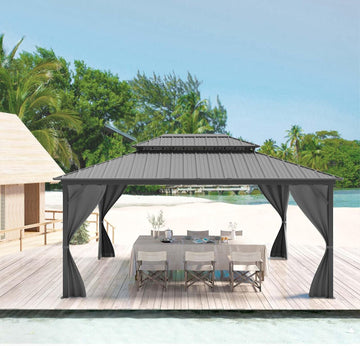 12x16FT Gazebo Hardtop Double Roof Canopy with Netting and Curtains,Outdoor Gazebo 2-Tier Hardtop Galvanized Iron