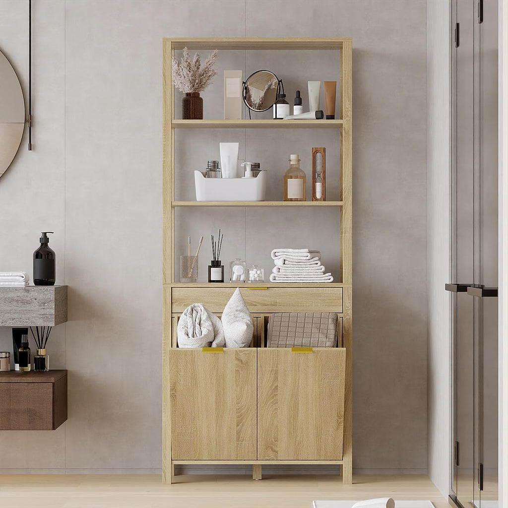 Double Tilt Out Laundry Hamper with Drawer, Hidden Laundry Hamper Cabinet with Open Shelves & 2 Tilt Out Trash