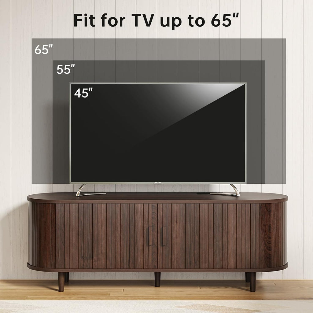 58" Mid Century Modern TV Stand, TV Consoles with Sliding Doors, Wood Entertainment Center with Power Outlet and Adjustable Shelves, Fluted Television Stand for Living Room, Walnut