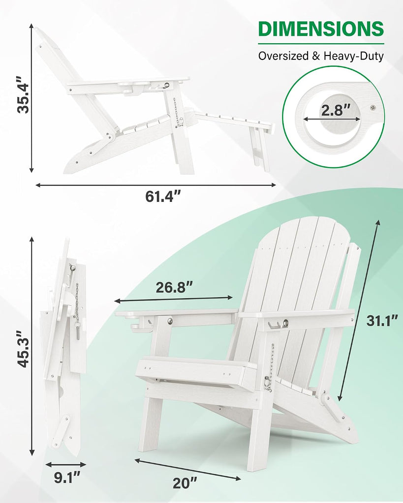 Adirondack Chairs with Footrest, HDPE Adirondack Chair, White | Folding Adirondack Chair, Adjustable Backrest