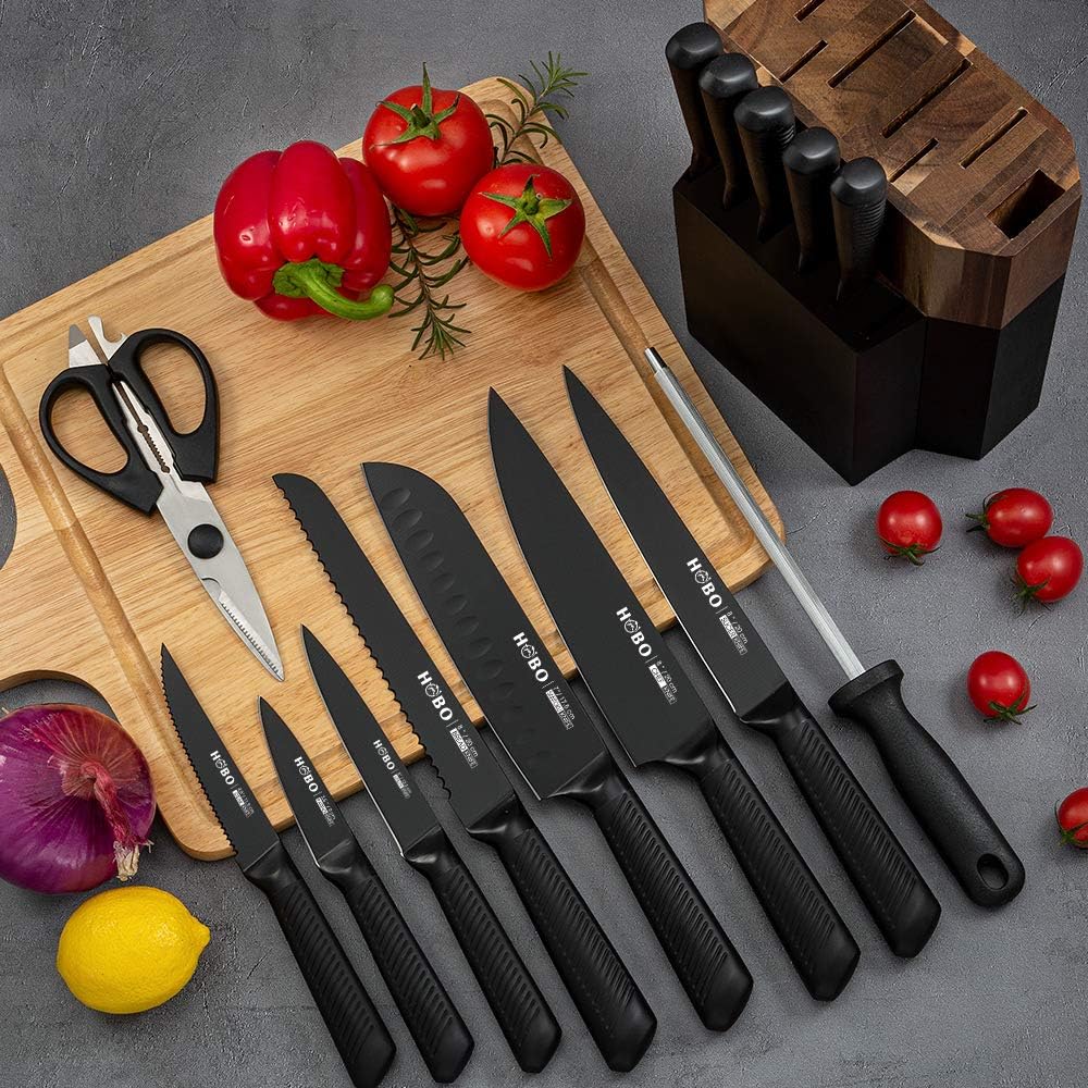 Knife Block Set, 15 Piece Kitchen Knife Set with 6 Steak Knife Set with Sharpener Chef Knife High German Carbon