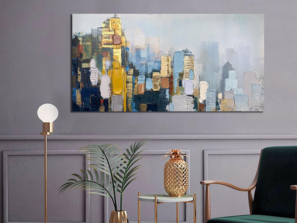 Neutral Wall Art Painting Oversize Abstract Art Wall Decor Canvas, Textured Skyline Gold Painting Modern Artwork for