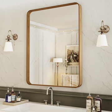 24X32 Inch Bathroom Mirror with Wood Grain Colored Metal Frame, Rounded Rectangle Metal Framed Bathroom Mirror