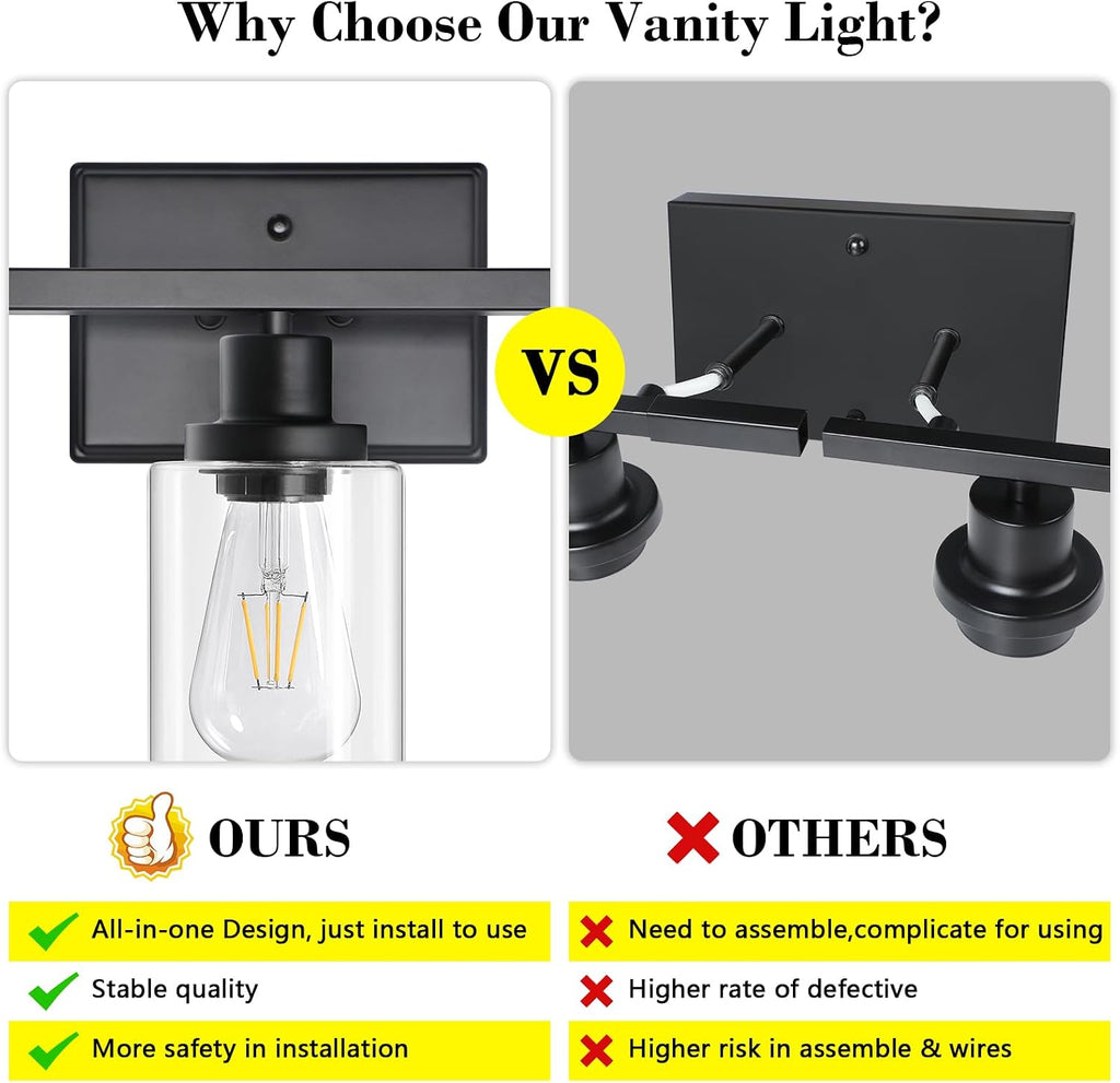 Bathroom Vanity Light Fixtures, 3 Light Wall Sconces Lighting with Clear Glass Shade, Black Wall Lights for Mirror