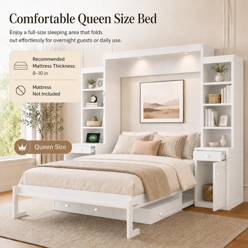 Queen Murphy Bed with Desk, Wall Bed Cabinet with Storage Shelves, Enclosed Cabinets and Hidden Foldout Workstation