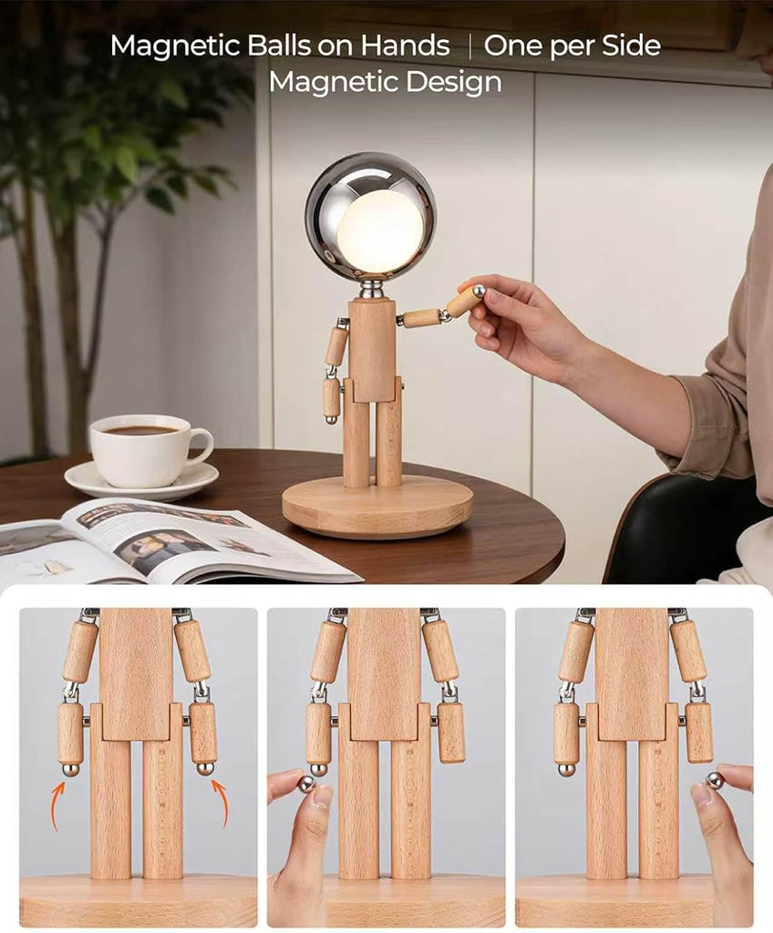 Rechargeable Cordless Desk Lamp, Creative Wooden Table Lamp with 3 Color &Stepless Dimming, Adjustable Pause Moon Lamp