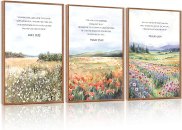 Biblical Verses Floral Framed Canvas Wall Art Set Of 3, Inspirational Wall Decor, Scripture Inspired Landscape