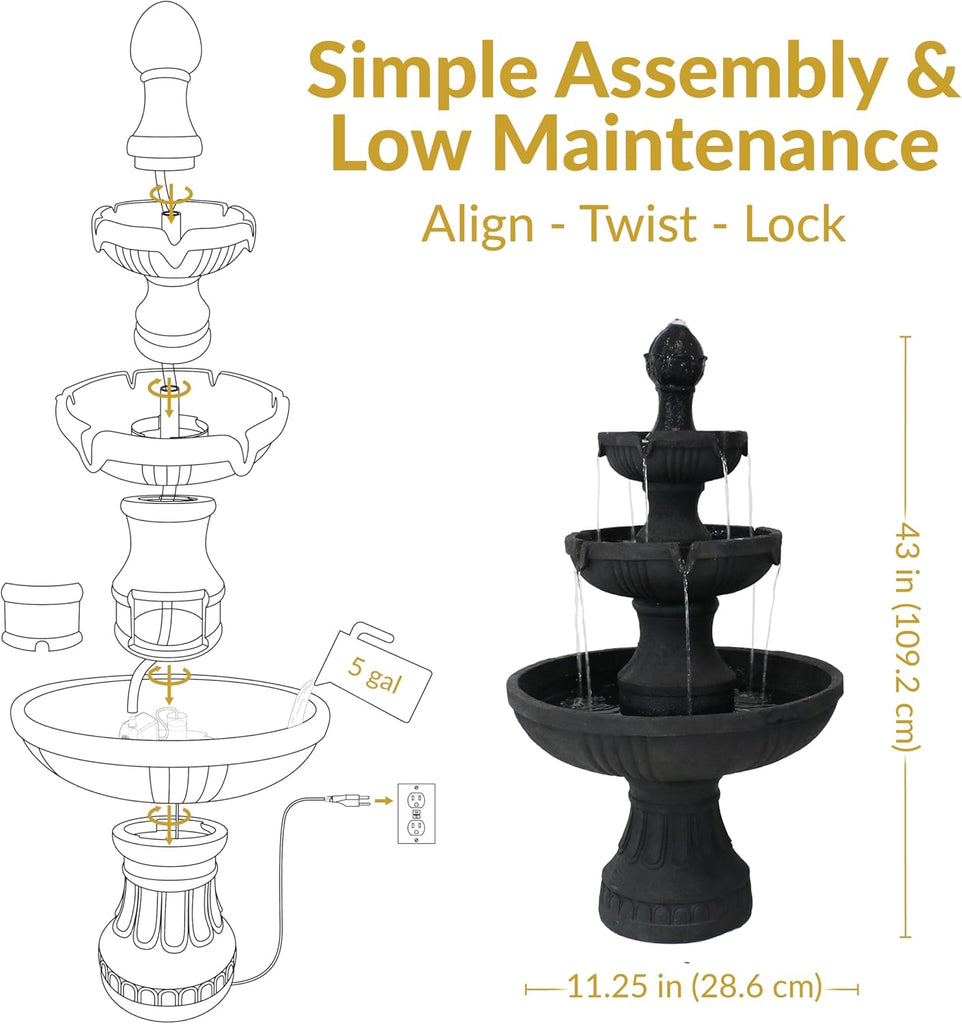 Flower Blossom 43" Tiered Outdoor Water Fountain - 3-Tiered Outdoor Fountain - Black Finish