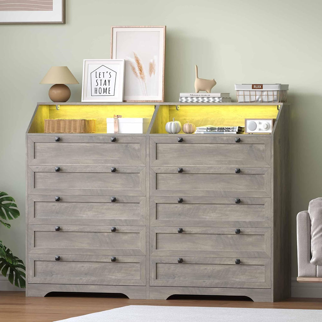 Grey Dresser Tall 5 Drawer Dresser , Wood Chest of Drawers with LED Lights, Charging Station, Metal Handles, Modern