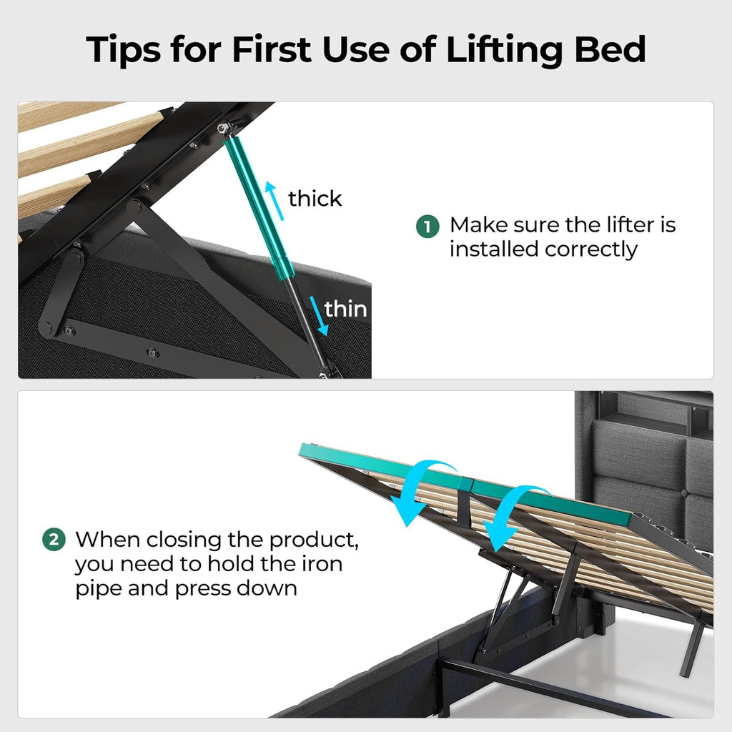Bed Frame Full with Lift Up Storage, Charging Station & LED Lights, Upholstered Storage Headboard