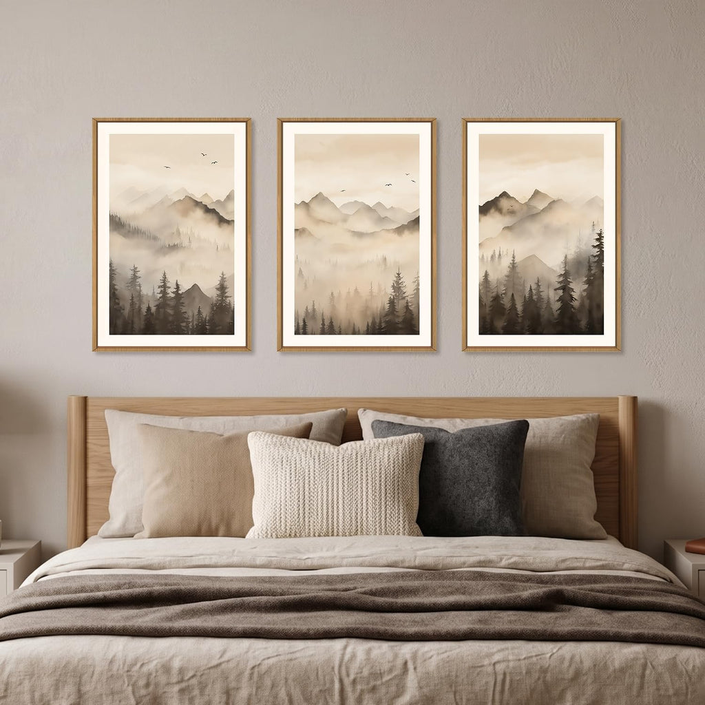 Neutral Misty Mountain Forest Framed Canvas Wall Art-16"x24"x3