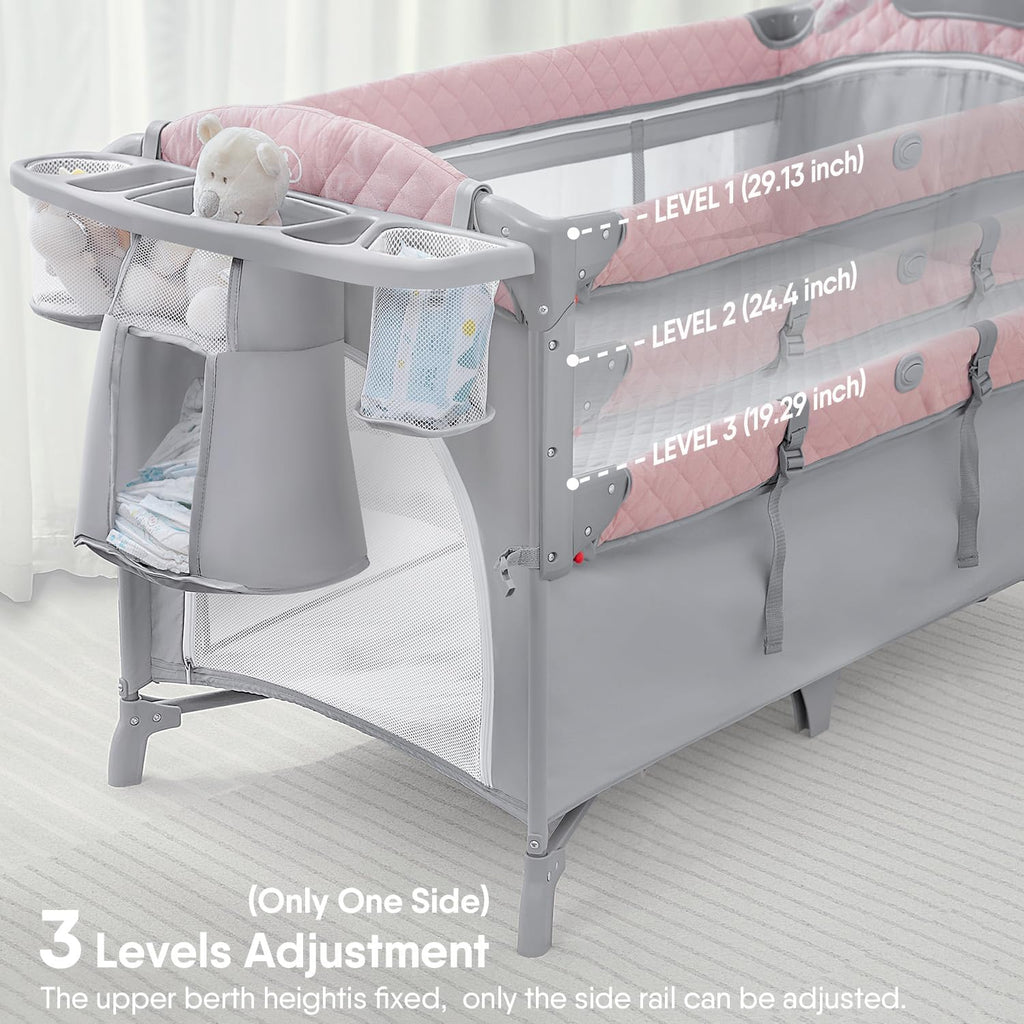Baby Bassinet Bedside Crib, Pack and Play with Mattress, Diaper Changer and Playards from Newborn to Toddles,Pink