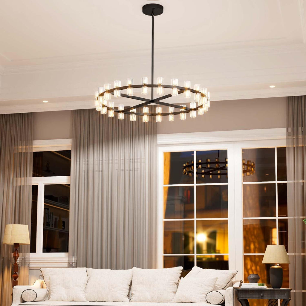 Inspired Arcachon Style Round Wagon Wheel Chandelier, 40" 40-Light Black — Foyer, Dining & Living Room