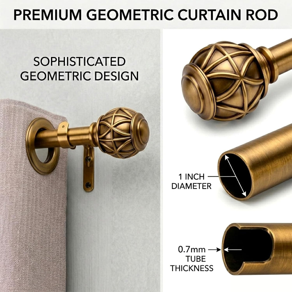 Antique Brass Curtain Rods for Windows, Adjustable Decorative Drapery Rods, Heavy Duty Curtain Rod