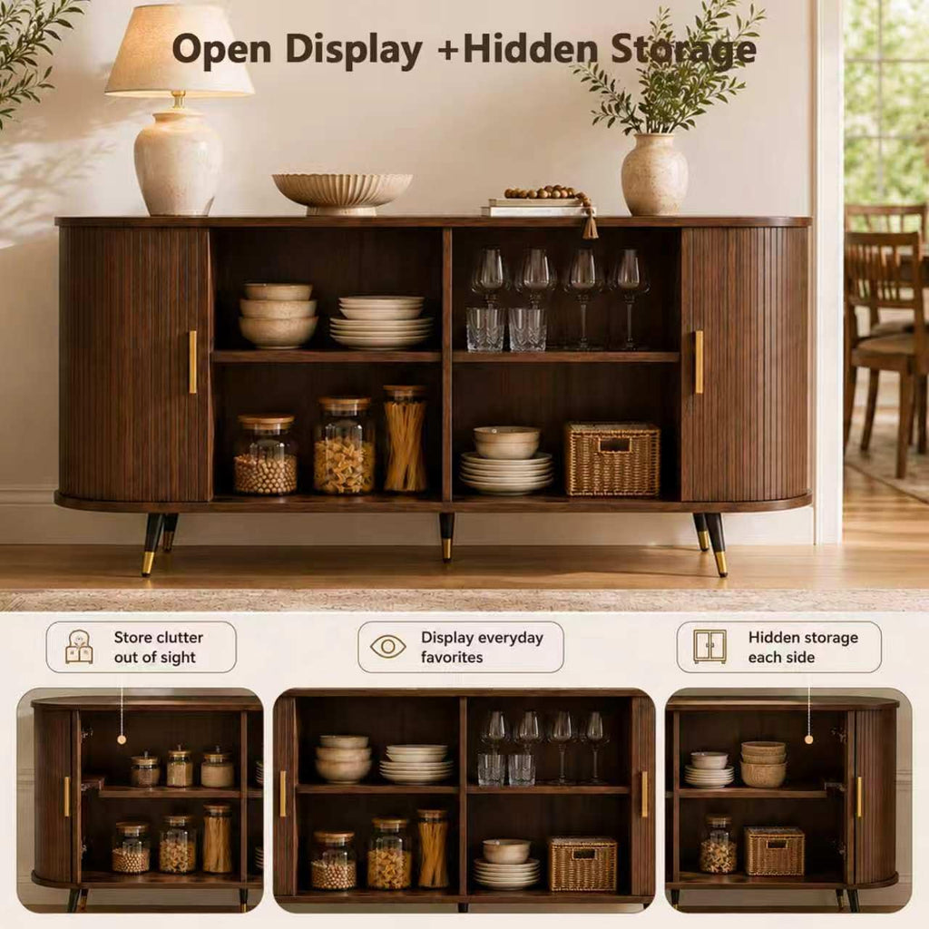 55" Sideboard Cabinet, Fluted Credenzas, Walnut