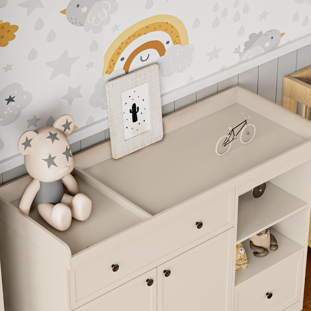 Wide Changing Table with 2 Doors, 2 Different Size Drawer&Storage Cubbies, Durable Wood Construction, Built-in