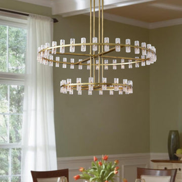 Large Gold Wagon Wheel Chandelier 72-Lights Gold Round Chandeliers Glass Chandelier for Dining Room,Living Room Vintage Chandeliers D32''+D40''