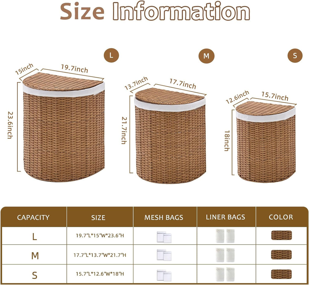 Wicker Half Moon Laundry Basket with Lid and 2 Replaceable Liner Bags, Handwoven Rattan Hamper for Dirty Clothes