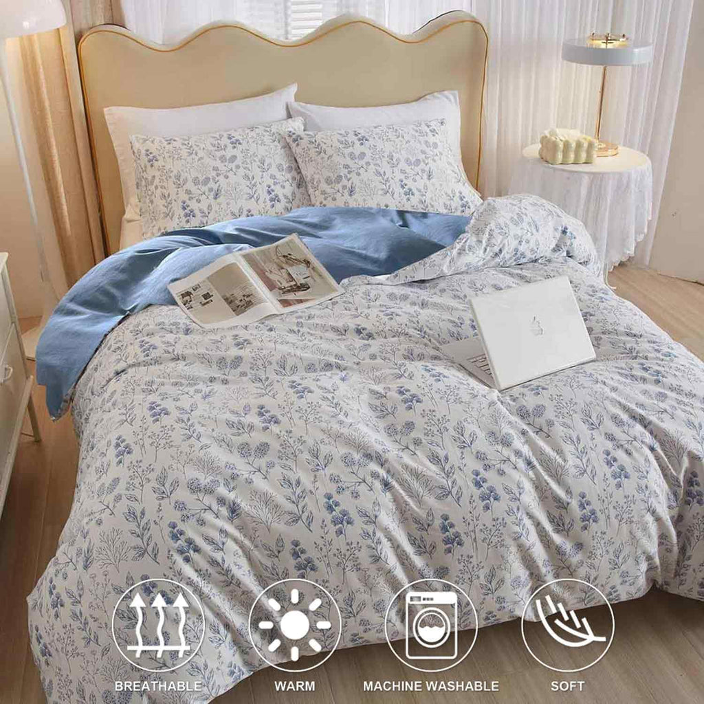 Floral Duvet Cover Set, Blue and White Flower Leaf Print Pattern Bed Set, Soft Microfiber Reversible Comforter