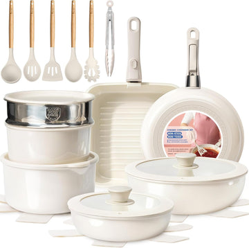 Nonstick Pots and Pans Set - Ceramic Cookware Set with Detachable Handle - 25 Pack Healthy Pans Set for Cooking