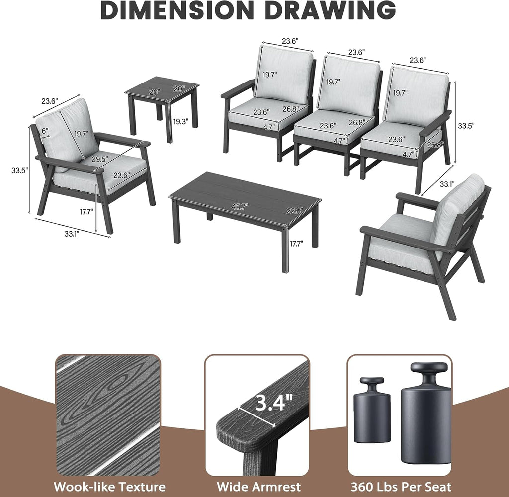 7 Piece Patio Furniture Set,Modular Outdoor sectional Furniture Grey | HDPE deaper seat Weather Resistant Low