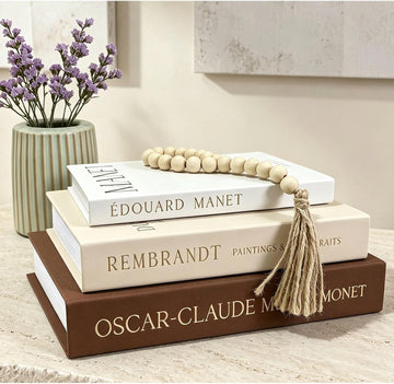 Decorative Books Decor, Set of 3 Linen Faux Books with 1 Natural Wood Bead Jute Tassel