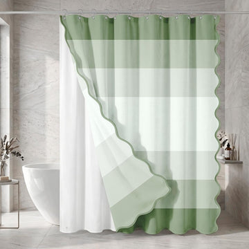Scalloped Shower Curtain with PEVA Liner Set, Sage Green Striped Modern 3 in 1 Heavy Duty Waffle Weave Waterproof