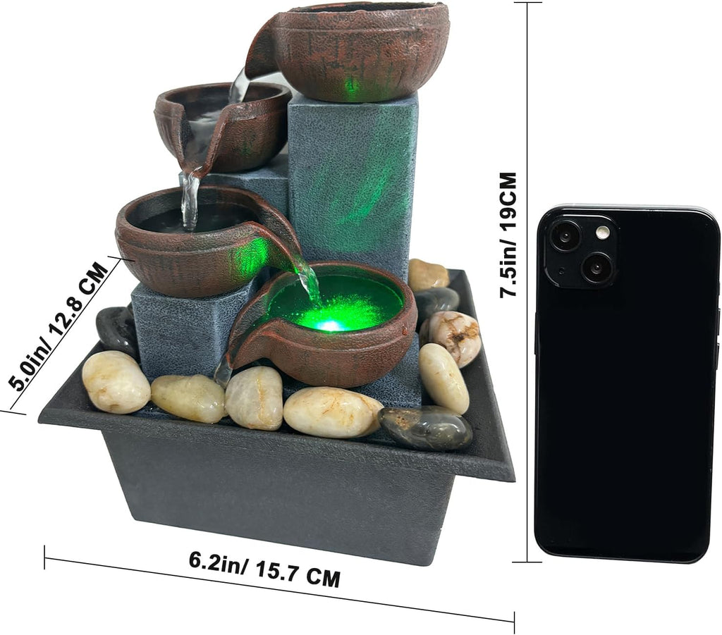 Small Indoor Relaxation Tabletop Fountain, Zen Meditation Waterfall Feature with Color LED Light & Natural Rocks, 4
