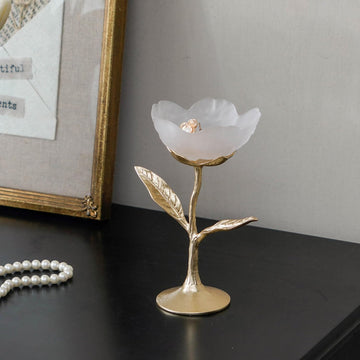 Frosted White Glass Flower Jewelry Tray, Gold Metal Leaf Base, Vanity Catch All for Rings Keys, Vintage Home Decor