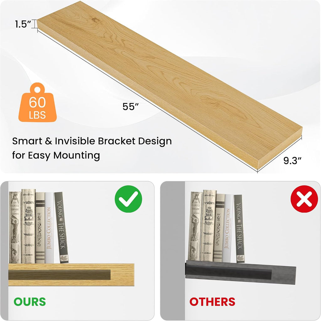 Floating Shelves for Wall, 55"W x 9.3"D x 1.5"H, Long Wooden Wall Mounted Display Shelves with Invisible Brackets