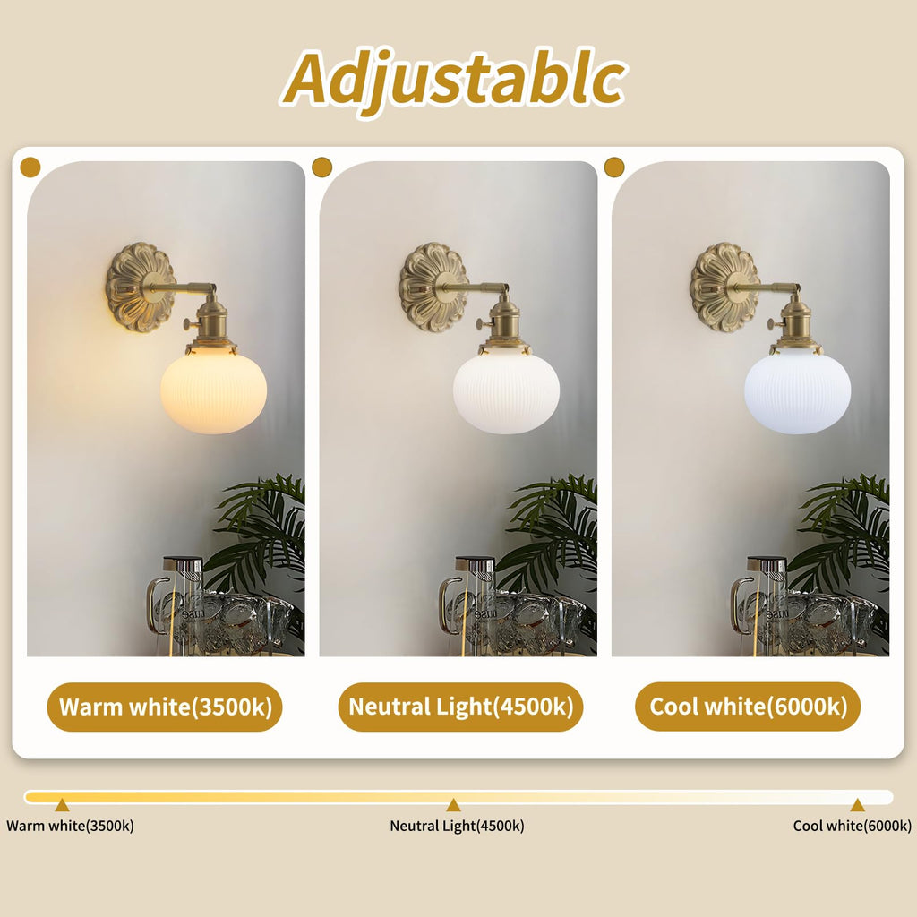 Nordic Brass Wall Sconce Modern Adjustable Interior Wall Sconce with Spherical Opal Glass Shade Stripe Finish