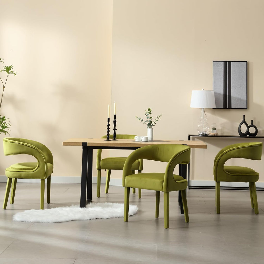 Modern Barrel Dining Chairs Set of 2, Green Velvet Upholstered Dining Room Chairs Open Back Kitchen Chairs Accent Side