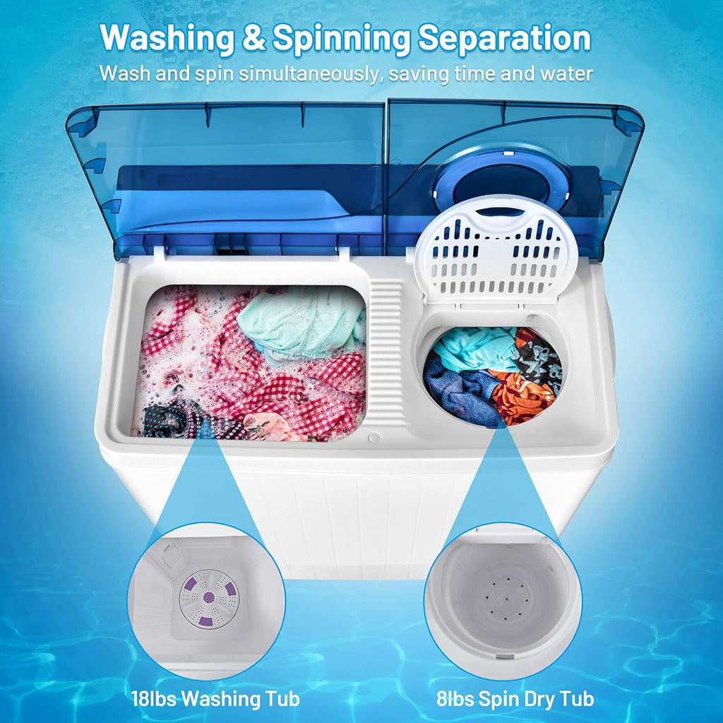 Washing Machine Semi-automatic, Twin Tub Washer with Spin Dryer, 26lbs Capacity, Built-in Drain Pump, Portable Laundry