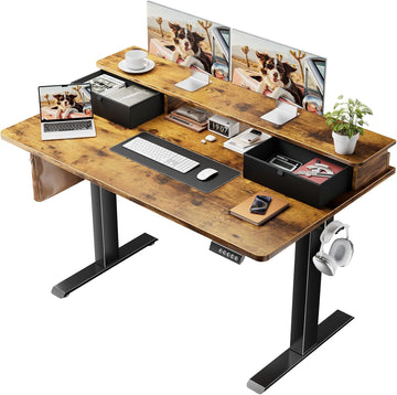47x28 in Electric Standing Desk with Drawers, Adjustable Table, Brown | Stand up Computer Desk , Work & Study, with