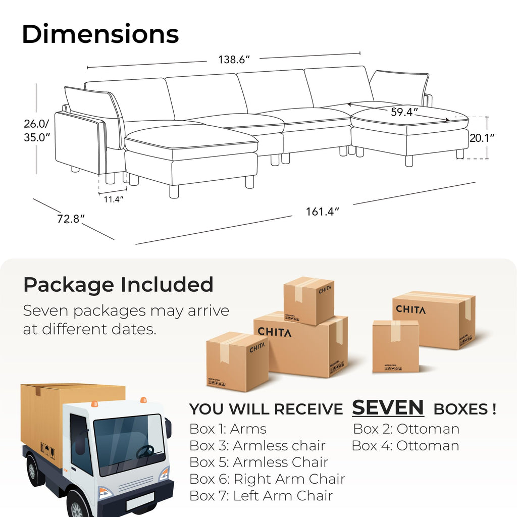 161" Leather Super Large Sectional Couches, Modular Sectional Sofa, Premium Genuine Leather Sofa, Down Filled, High